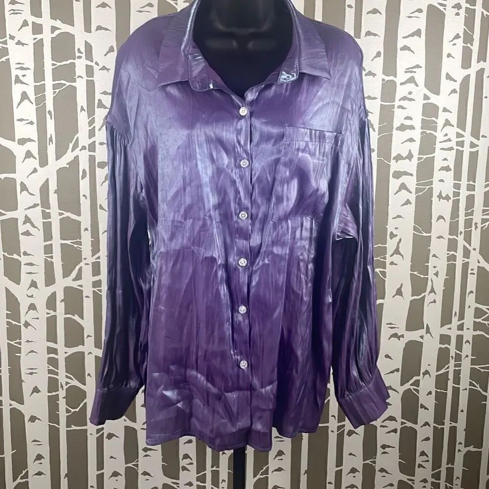 Iridescent Purple Blue Wrinkled Texture Blouse XL